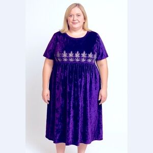 Sue Brett Midi Dress Purple Velvet Bow Crewneck Gold Floral Sz 2 A4 Short